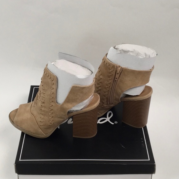 TAN DISTRESS PEEP-TOES BOOTIES - Picture 7 of 8